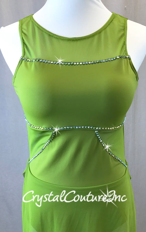 Green Sheer Mesh and Lycra One Piece with Skirt - Rhinestones