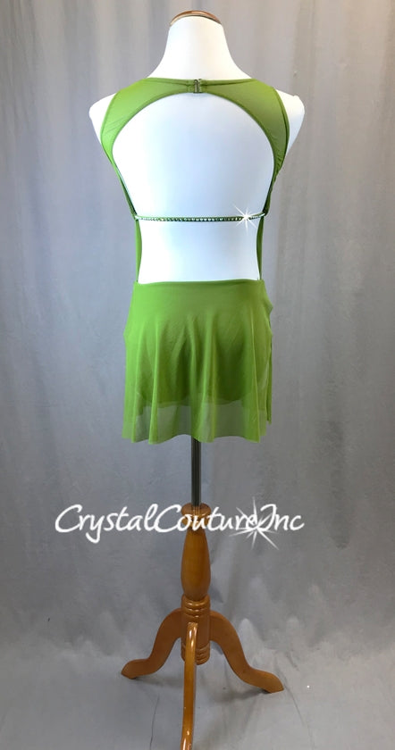 Green Sheer Mesh and Lycra One Piece with Skirt - Rhinestones