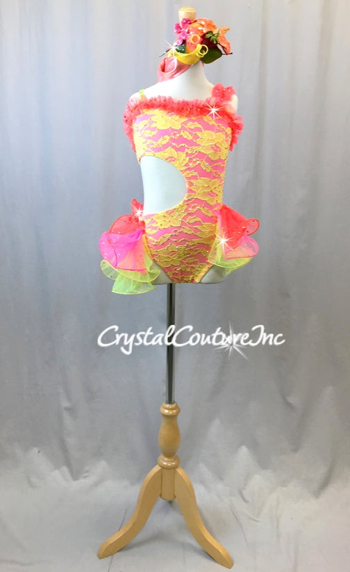 Custom Bright Yellow Lace & Hot Pink Leotard with Tiered Skirt - Swarovski Rhinestones
