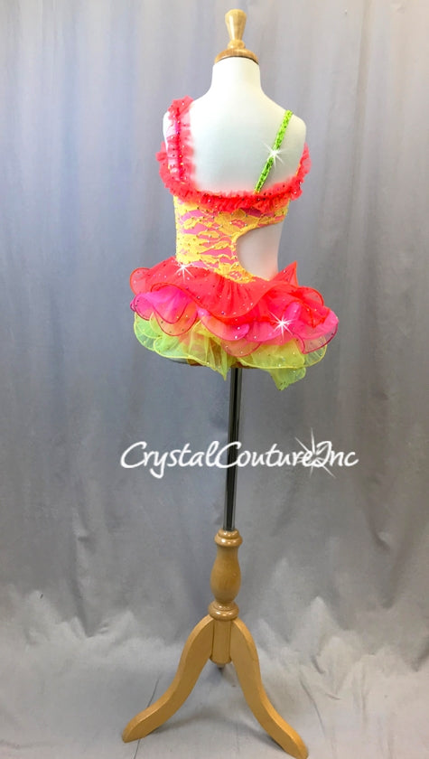 Custom Bright Yellow Lace & Hot Pink Leotard with Tiered Skirt - Swarovski Rhinestones
