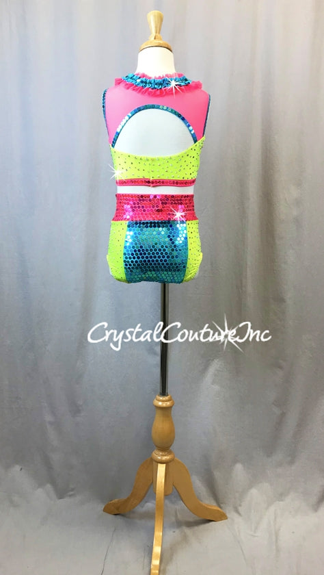 Bright Yellow, Coral & Teal Blue Color Block Two Piece - Swarovski Rhinestones