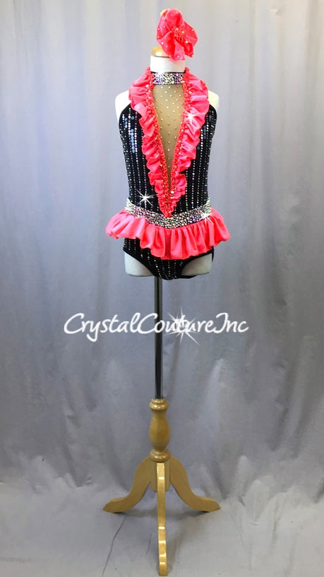 Black Leotard with Coral Accent Ruffles - Swarovski Rhinestones