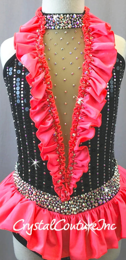 Black Leotard with Coral Accent Ruffles - Swarovski Rhinestones