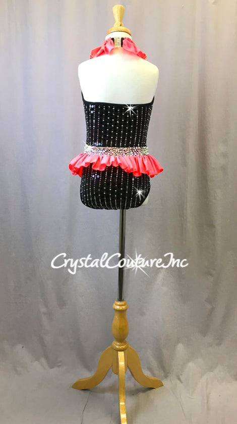 Black Leotard with Coral Accent Ruffles - Swarovski Rhinestones