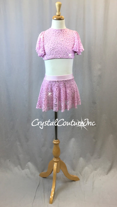 Light Pink Open Lace Net Flutter Sleeve Top & Skirt/Trunk - Swarovski Rhinestones
