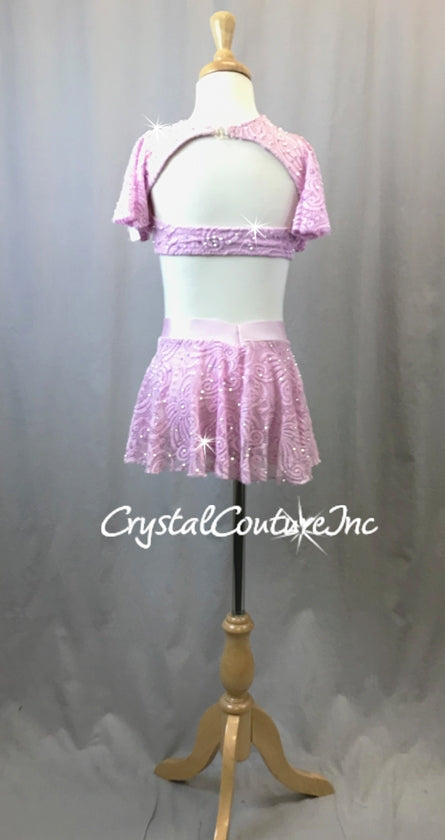 Light Pink Open Lace Net Flutter Sleeve Top & Skirt/Trunk - Swarovski Rhinestones