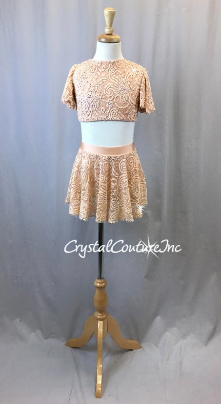 Light Peach Open Lace Net Flutter Sleeve Top & Skirt/Trunk - Swarovski Rhinstones