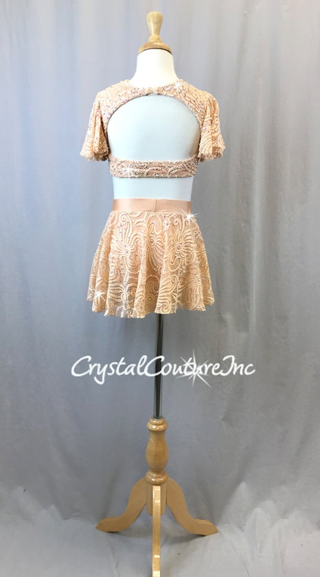 Light Peach Open Lace Net Flutter Sleeve Top & Skirt/Trunk - Swarovski Rhinstones