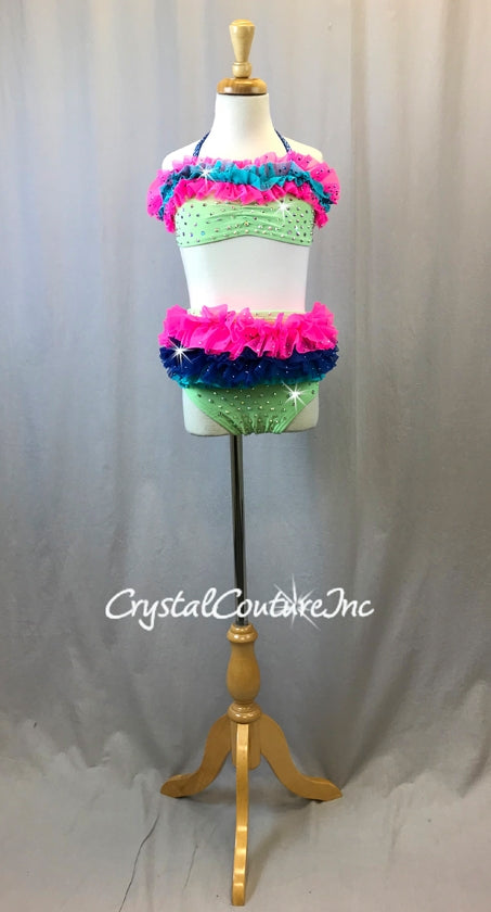 Light Green Top & Trunk with Hot Pink, Royal Blue & Turquoise Ruffles - Swarovski Rhinestones