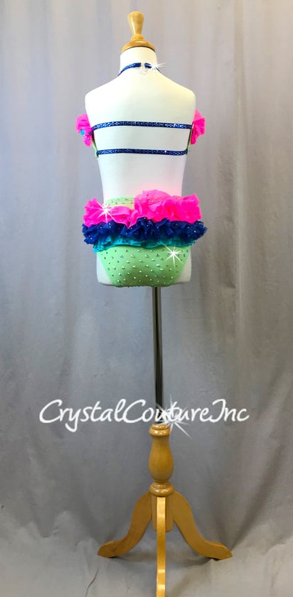 Light Green Top & Trunk with Hot Pink, Royal Blue & Turquoise Ruffles - Swarovski Rhinestones