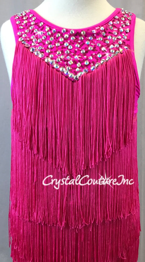 Hot Pink Tiered Fringe Dress with Hot Pink Leotard - Swarovski Rhinestones