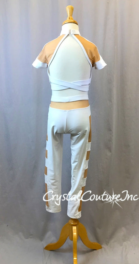 White Lycra Crop Top and Crop Leggings with Nude mesh insets