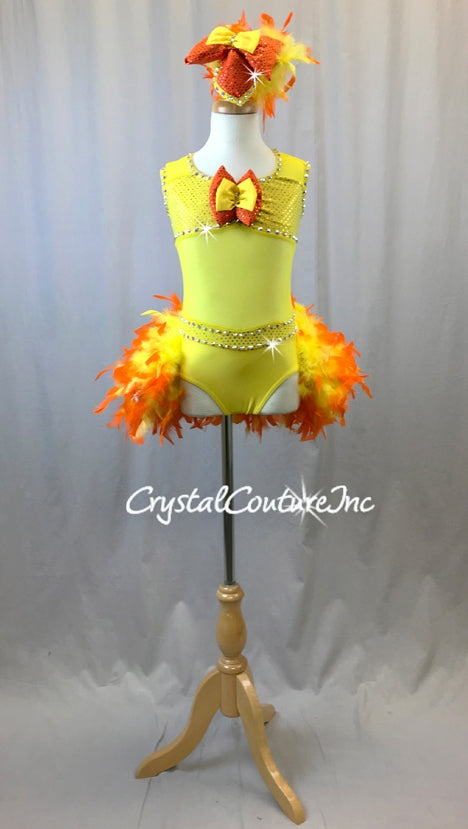 Yellow Lycra & Sheer Leotard with Orange/Yellow Feather Bustle - Swarovski Rhinestones