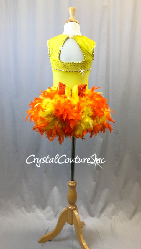 Yellow Lycra & Sheer Leotard with Orange/Yellow Feather Bustle - Swarovski Rhinestones