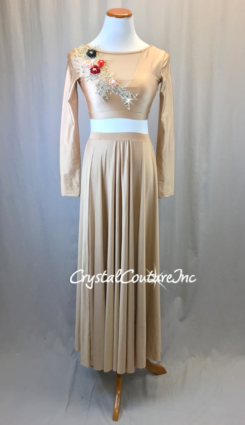 Nude Long Sleeve Lycra & Mesh Top with Long Full Skirt - Rhinestones