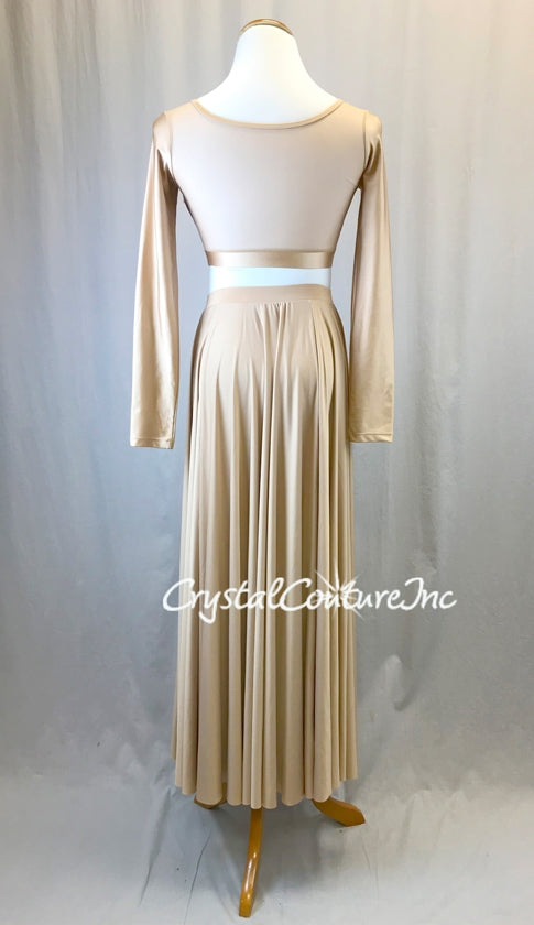 Nude Long Sleeve Lycra & Mesh Top with Long Full Skirt - Rhinestones