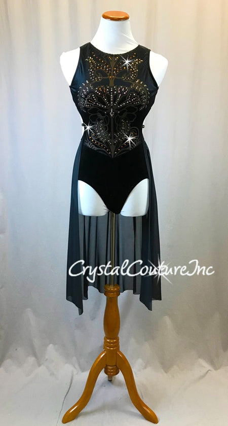 Black Velour Leotard with Burnout Design and Back Skirt - Swarovski Rhinestones