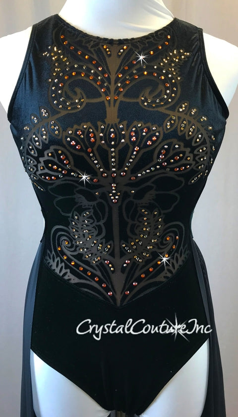 Black Velour Leotard with Burnout Design and Back Skirt - Swarovski Rhinestones
