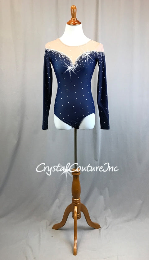 Navy Blue L/S Polka Dot Leotard with Nude Lycra neckline and Back - Rhinetones