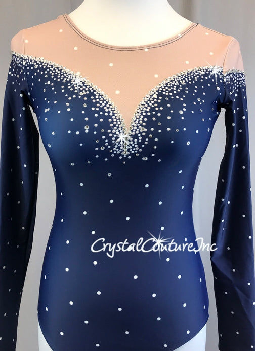 Navy Blue L/S Polka Dot Leotard with Nude Lycra neckline and Back - Rhinetones