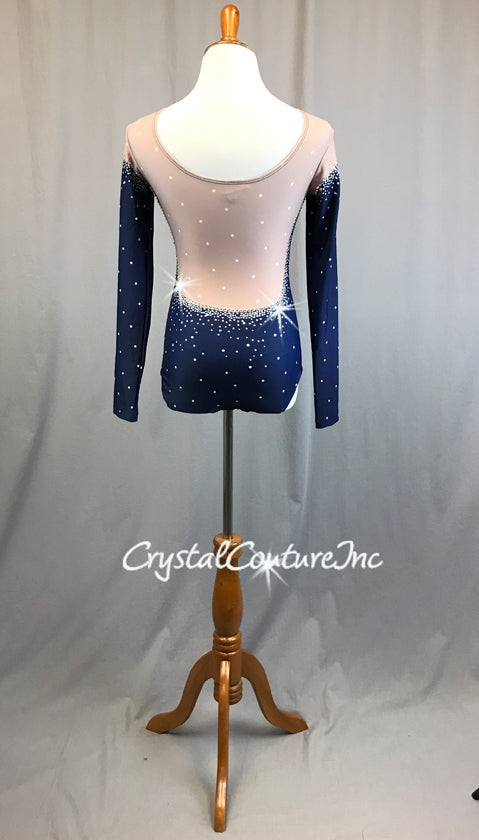 Navy Blue L/S Polka Dot Leotard with Nude Lycra neckline and Back - Rhinetones