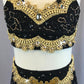 Black Floral Lace 2 pc Top & Trunk with Gold Embroidered Trim - Swarovski Rhinestones
