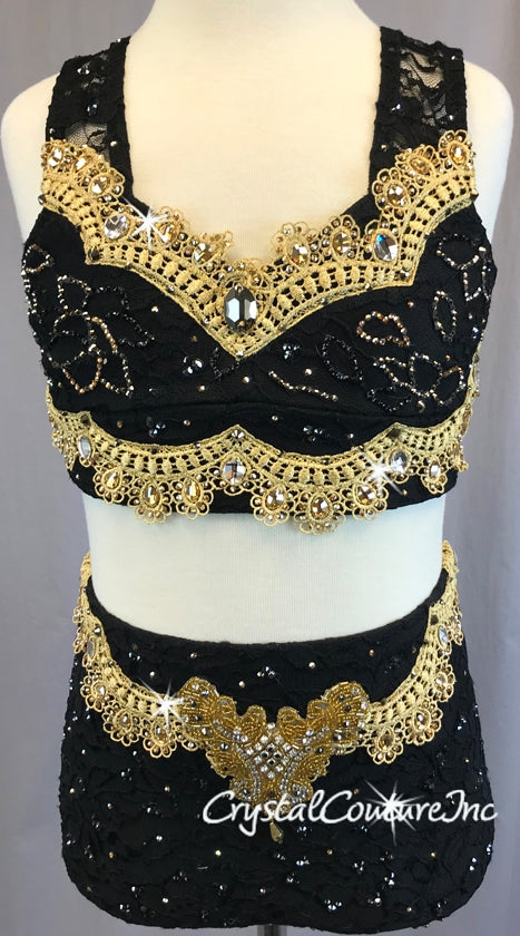 Black Floral Lace 2 pc Top & Trunk with Gold Embroidered Trim - Swarovski Rhinestones