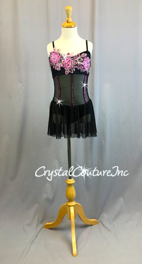 Black Corset Inspired Leotard with Sheer Mesh Skirt - Appliques - Swarovski Rhinestones