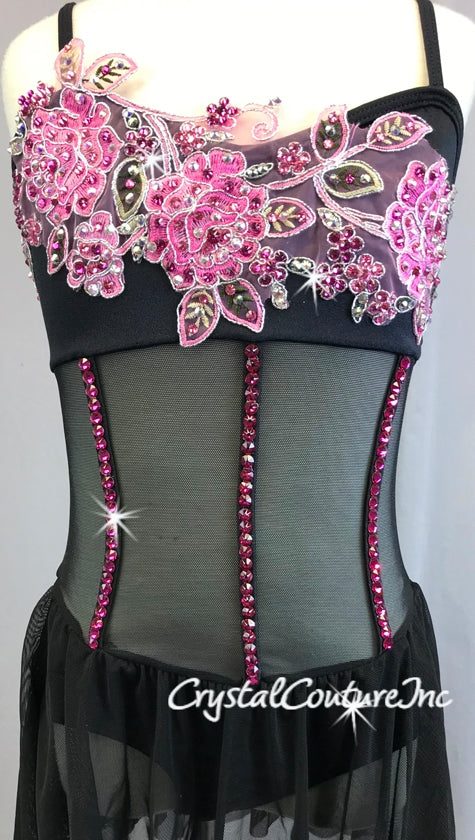 Black Corset Inspired Leotard with Sheer Mesh Skirt - Appliques - Swarovski Rhinestones