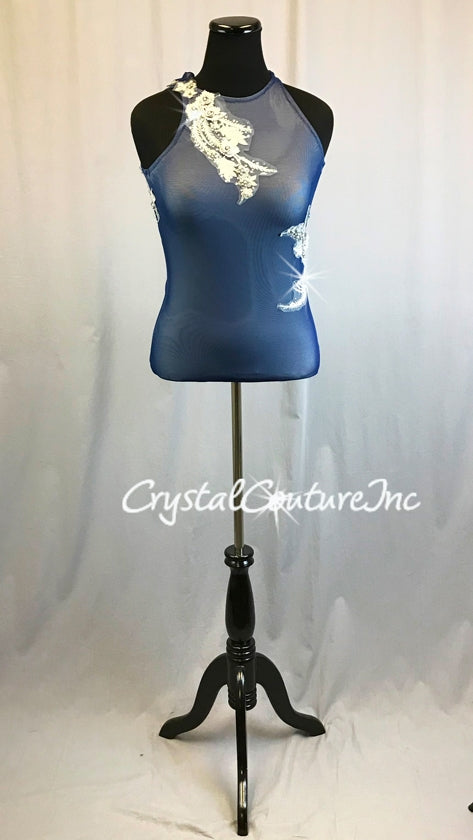 Navy Blue Sheer Mesh Leotard with Silver Lining - Rhinestones