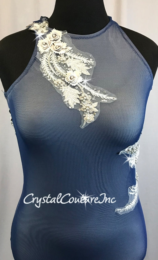 Navy Blue Sheer Mesh Leotard with Silver Lining - Rhinestones