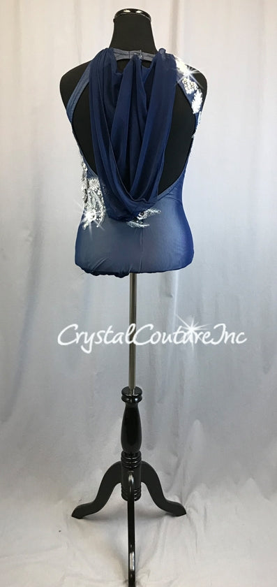 Navy Blue Sheer Mesh Leotard with Silver Lining - Rhinestones