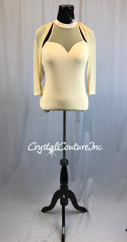 Nude lycra and Sheer Mesh Leotard with Open Mesh Sleeves - Swarovski Rhinestone