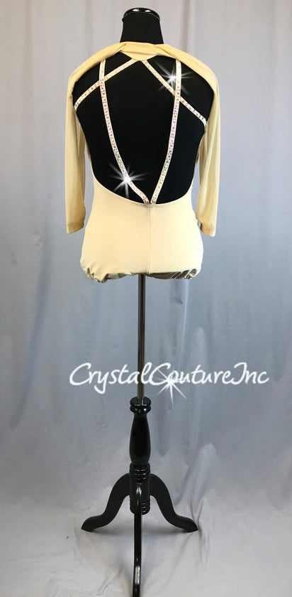 Nude lycra and Sheer Mesh Leotard with Open Mesh Sleeves - Swarovski Rhinestone
