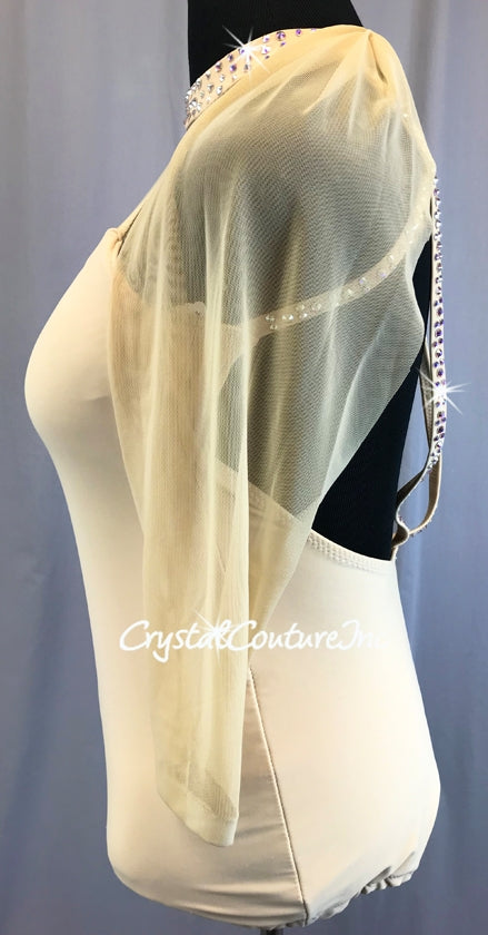 Nude lycra and Sheer Mesh Leotard with Open Mesh Sleeves - Swarovski Rhinestone