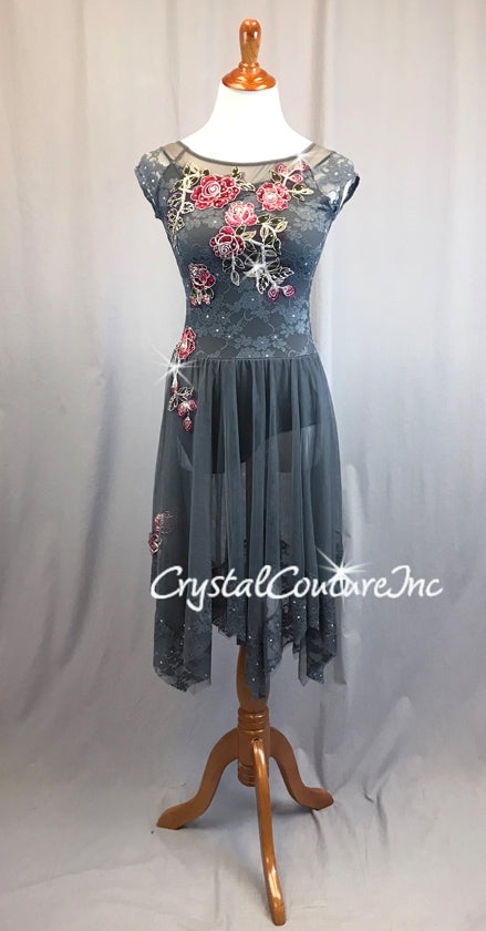 Charcoal Floral Lace Leotard with Long Sheer Mesh Handkerchief Point Skirt - Swarovski Rhinestones