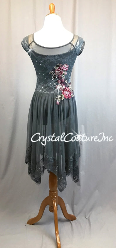 Charcoal Floral Lace Leotard with Long Sheer Mesh Handkerchief Point Skirt - Swarovski Rhinestones