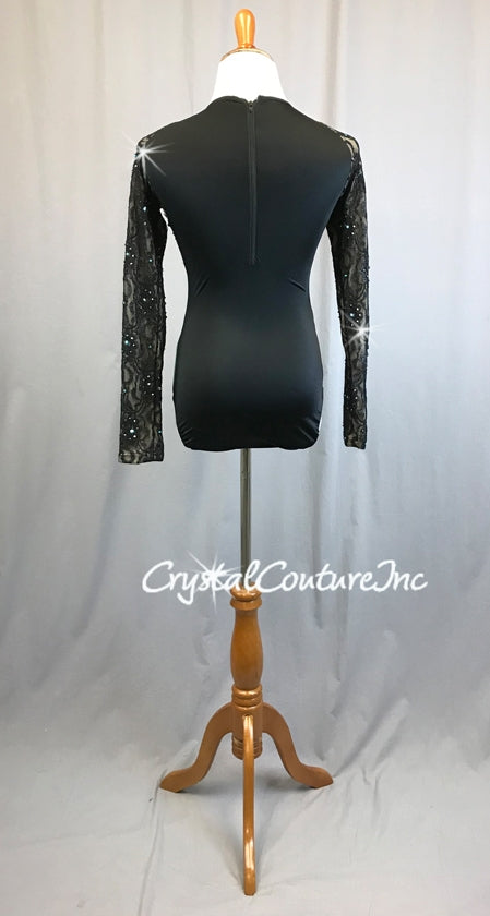 Turquoise & Black with Floral lace Long Sleeves - Swarovski Rhinestones