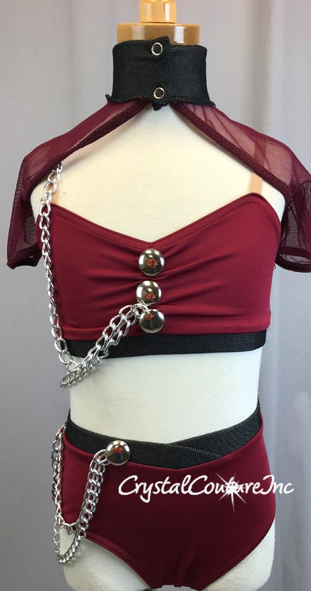 Burgundy and Graphite Lycra 3pc Top, Trunk with Sheer Mesh Shrug