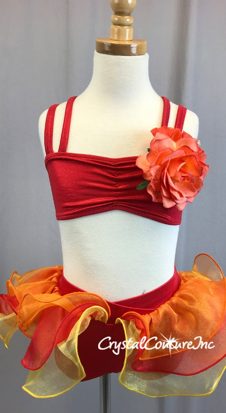 Shimmery Red Top and Booty Short with Bright Orange, Red, Yellow Ruffled Skirt
