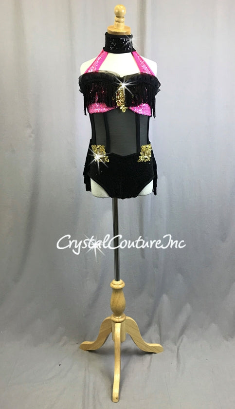 Black & Pink Corset Inspired Leotard with Black Fringe Tiered Skirt