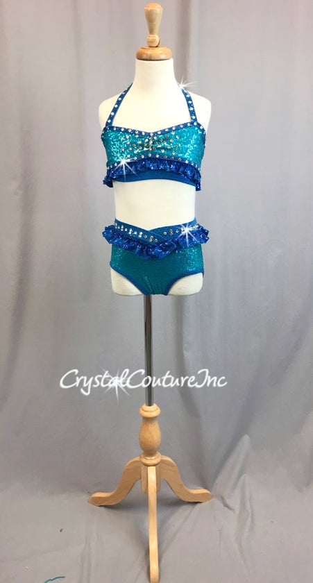 Teal Blue Halter Top & Trunk with Royal Blue Accents - Swarovski Rhinestones
