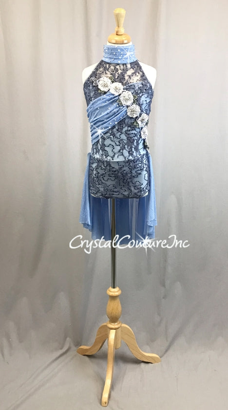 Charcoal Gray Floral Lace & Lycra Leotard with Asymmetrical Skirt - Swarovski Rhinestones