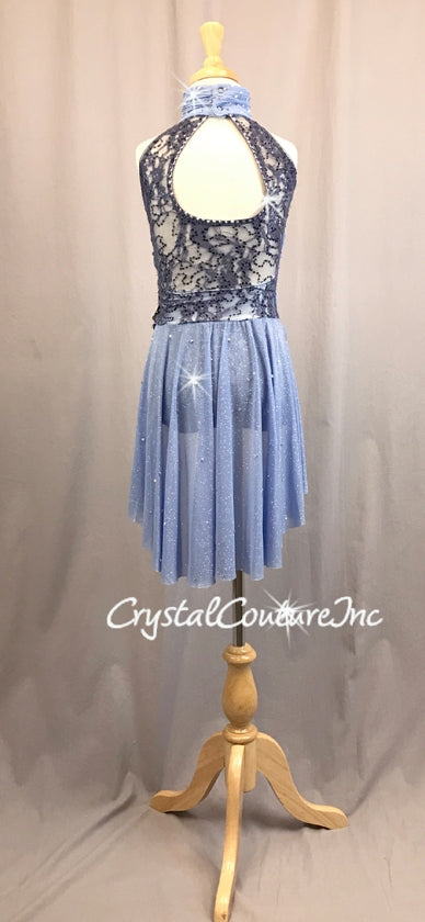 Charcoal Gray Floral Lace & Lycra Leotard with Asymmetrical Skirt - Swarovski Rhinestones