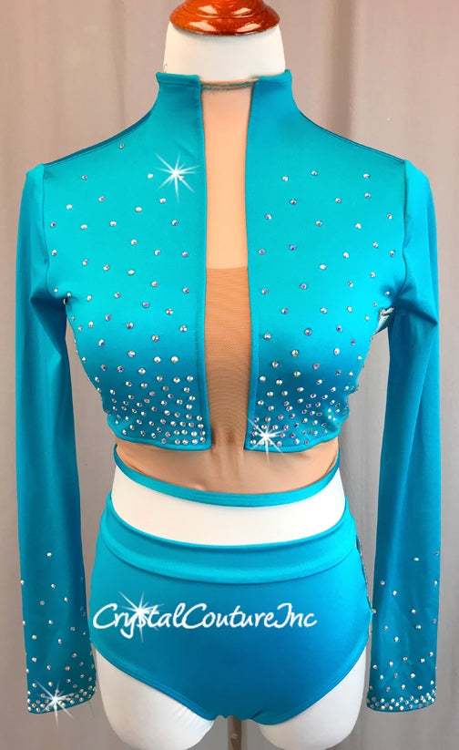 Turquoise Long Sleeve Crop Top and Trunks with Nude Insets - Swarovski Rhinestones