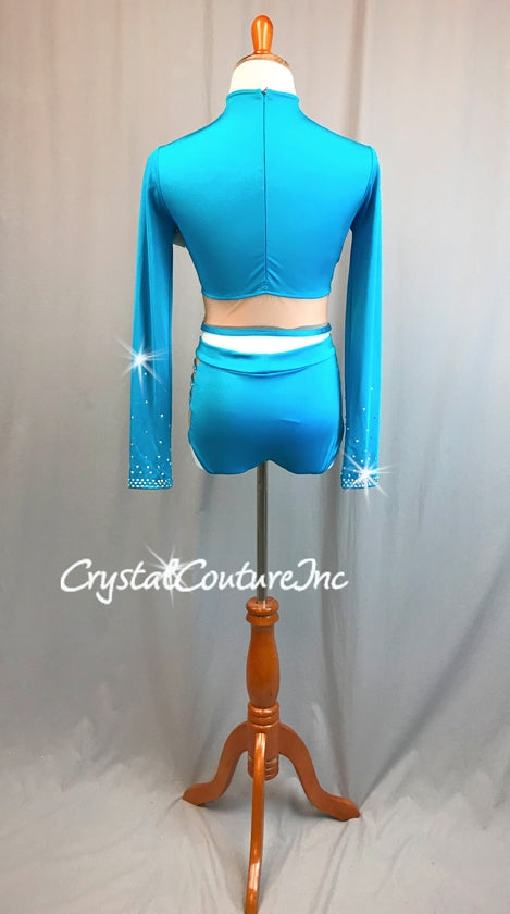 Turquoise Long Sleeve Crop Top and Trunks with Nude Insets - Swarovski Rhinestones