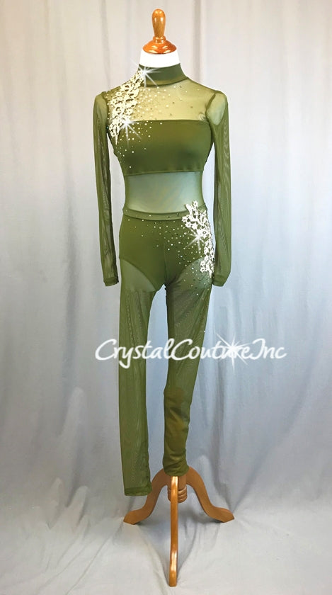 Olive Green Sheer Mesh and Lycra L/S Unitard - Swarovski Rhinestones