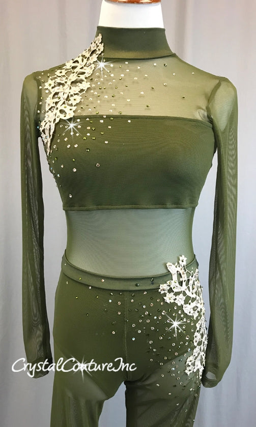 Olive Green Sheer Mesh and Lycra L/S Unitard - Swarovski Rhinestones