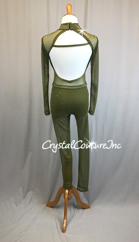 Olive Green Sheer Mesh and Lycra L/S Unitard - Swarovski Rhinestones