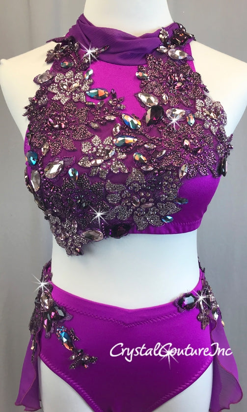 Vibrant Purple Halter Top & Trunk/Textured Chiffon Skirt - Swarovski Rhinestones